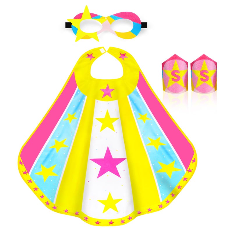 إيرولين iROLEWIN Star Superhero-costumes-Cape وقناع للأطفال والبنات والأولاد وهدايا حفلات البطل الخارق مثل فستان الهالوين مع الأساور (وردي) - Image 1